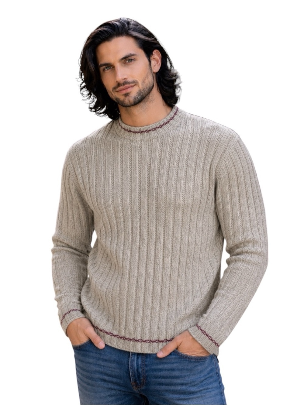 Timberland Ribbed Lambswool Sweater Neutral Oatmeal Classic Heritage Pullover